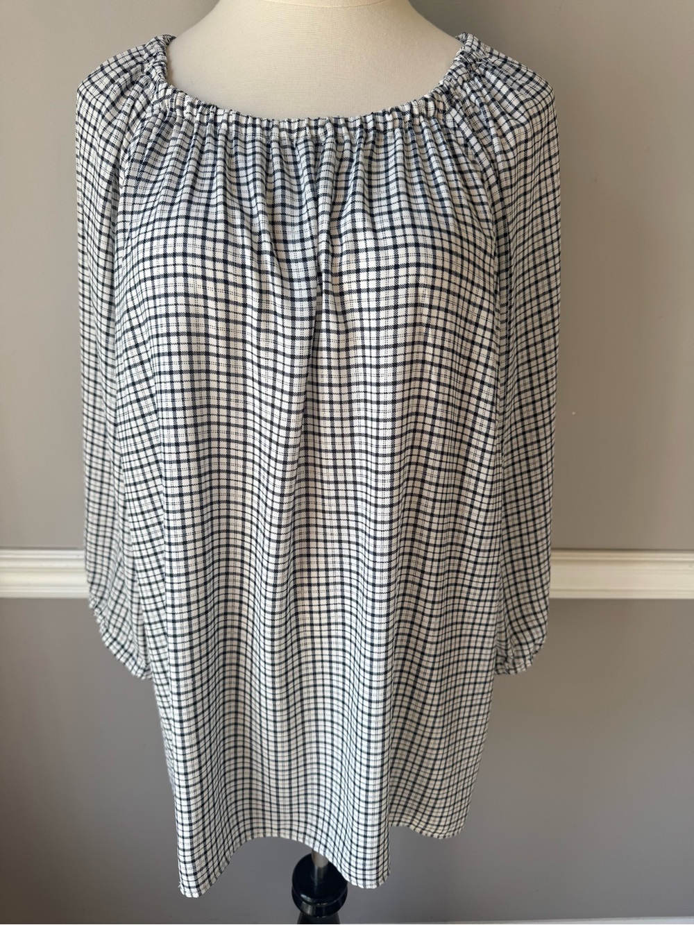 Talbots Black and White Windowpane Peasant Top